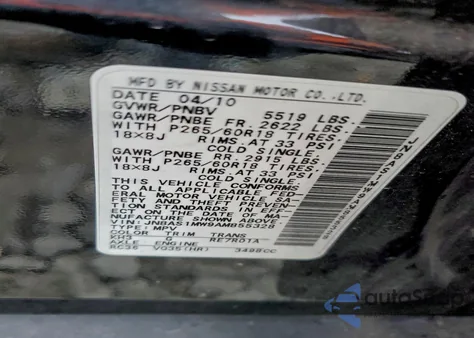 2010 Infiniti Fx35 z USA, uszkodzony, nr VIN JN8AS1MW9AM855328